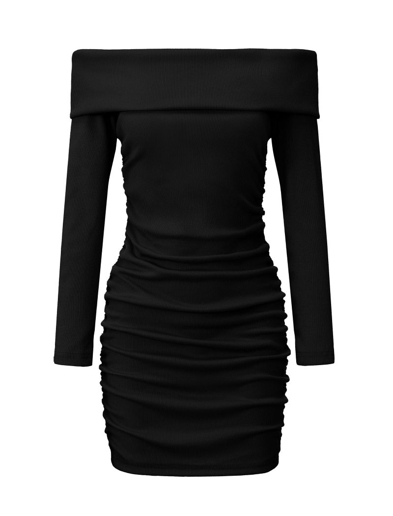 EXARUS Girls Dresses Long Sleeve Sweater Bodycon Off The Shoulder Teen Zipper Ruched Mini Tight Pencil Fitted Slim Ribbed Knit Short Dress Dance Party Black 12Y - Image 1
