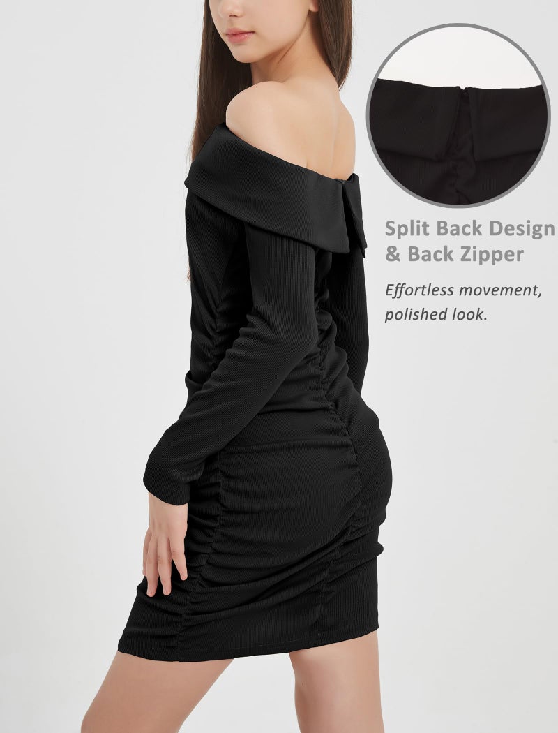 EXARUS Girls Dresses Long Sleeve Sweater Bodycon Off The Shoulder Teen Zipper Ruched Mini Tight Pencil Fitted Slim Ribbed Knit Short Dress Dance Party Black 12Y - Image 4