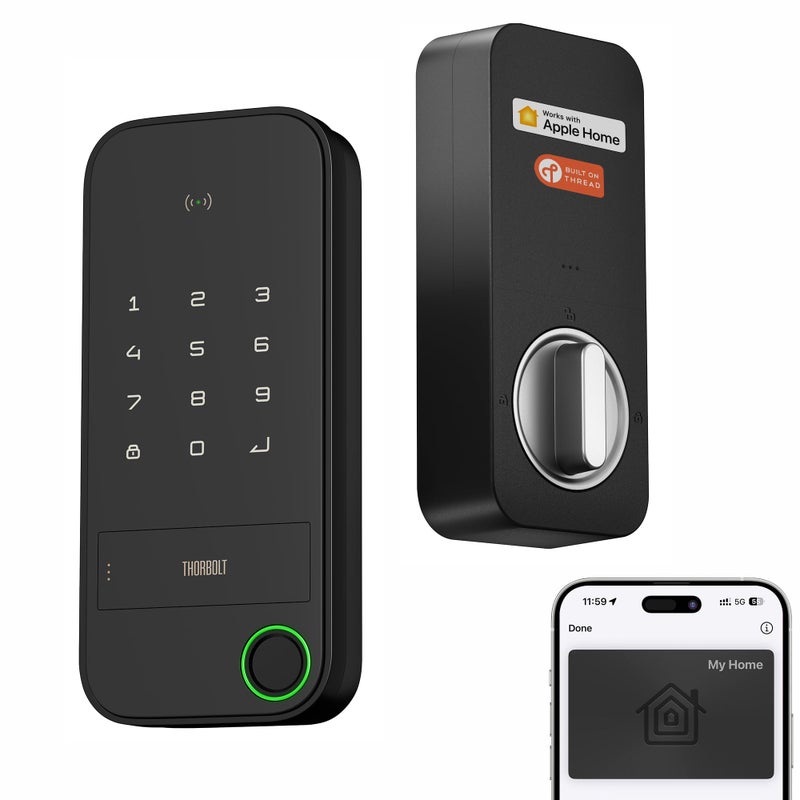 قفل باب ذكي بدون مفتاح ThorBolt X1 متوافق مع Apple Home Key فقط لنظام iOS مع لوحة مفاتيح بصمة قفل ميت يعمل مع HomeKit عبر جهاز توجيه حدودي مطلوب IP65 مقاوم للعوامل الجوية باللون الأسود