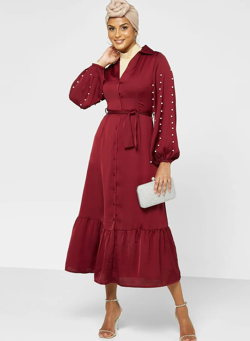 Khizana Belted Balloon Sleeve Ruffle Hem Dress