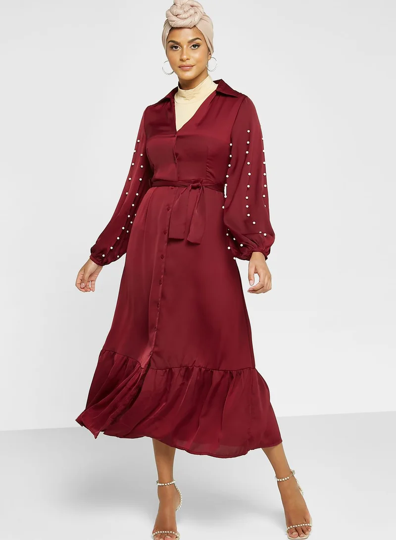 Khizana Belted Balloon Sleeve Ruffle Hem Dress