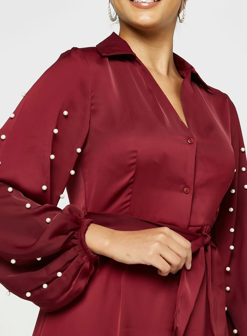Khizana Belted Balloon Sleeve Ruffle Hem Dress