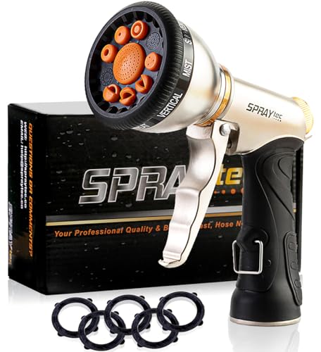 SprayTec Durable Heavy Duty Garden Hose Nozzle - 9 Spray Patterns & 5 Extra washers - High-Pressure Water Hose Nozzle, Easy to Use for Watering Plants, Dog Wash - Image 1