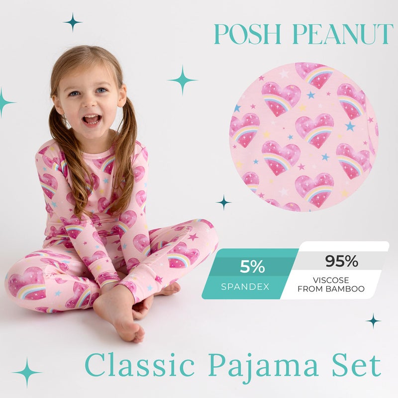 Posh Peanut Girls Pajamas - Soft, Viscose from Bamboo PJs for Kids - Matching, Long Sleeve Toddler Pajamas for Girls (18-24 Months) Rainbow Hearts - Image 2