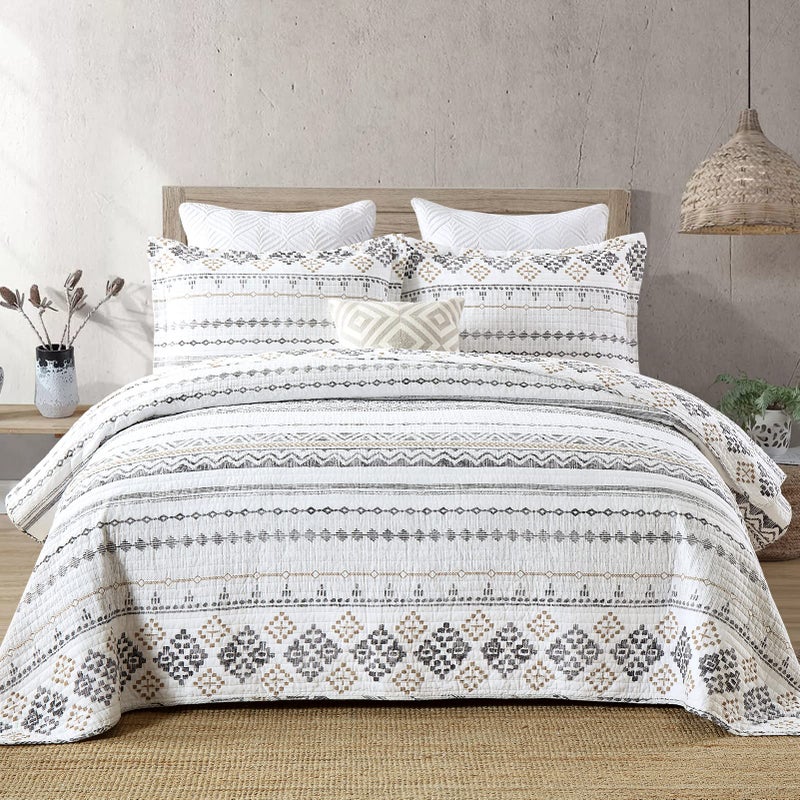 Finlonte Quilt Boho Quilt Set Boho Bedding Bedspreads Queen Size 3 PCS White Grey Bohemian Quilt Set with Striped Printed for All Season