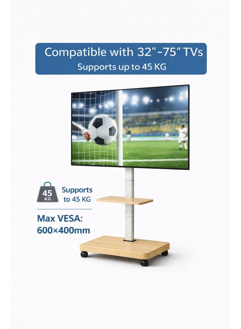 حامل تلفزيون فاست ويل بعجلات، طاولة تلفزيون، حامل تلفزيون أرضي متحرك، مناسب لأجهزة التلفزيون المسطحة/المنحنية LED من 32 إلى 75 بوصة، عربة متحركة بعجلات، قابلة للدوران وتعديل الارتفاع، لغرفة المعيشة وغرفة النوم والاجتماعات، دوران 30 درجة - Image 5