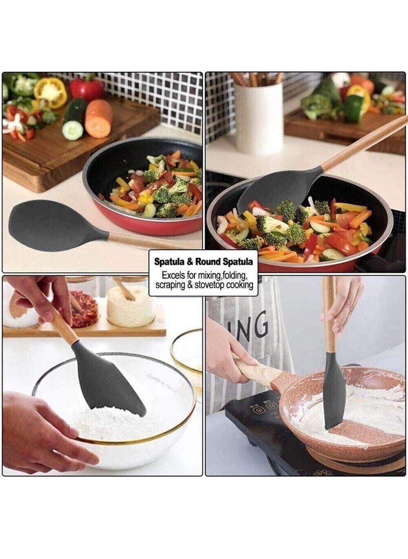 12 قطعة مجموعة أدوات مطبخ من السيليكون غير لاصقة، أواني الطبخ، أواني الطبخ، ملعقة، مجرفة، مضارب البيض، مقبض خشبي، أداة مطبخ الطبخ - Image 4