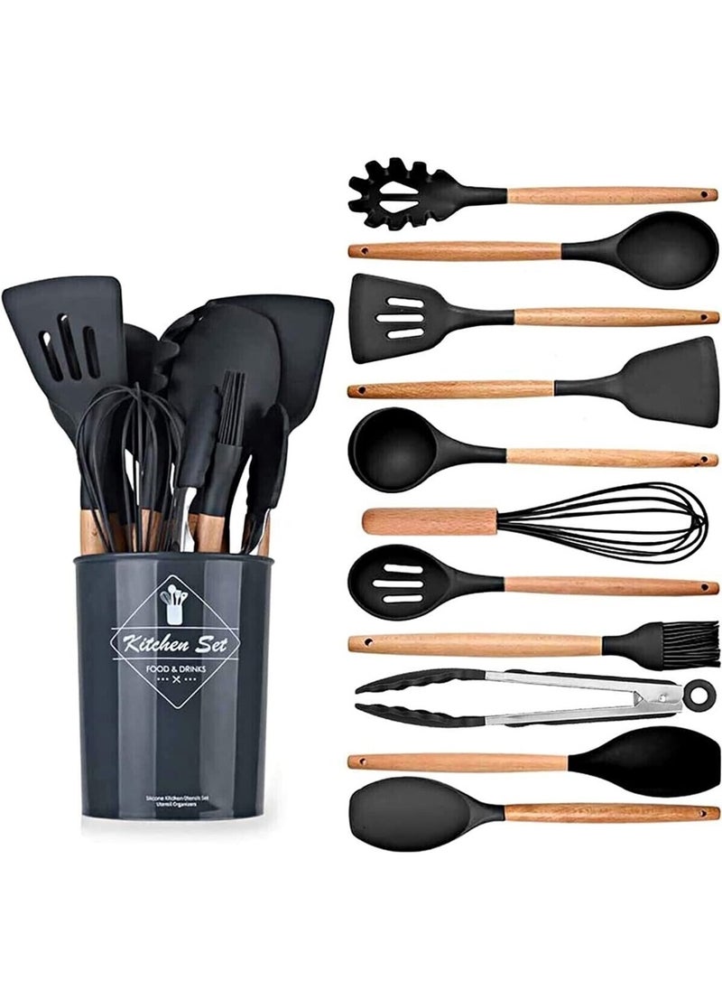 12 قطعة مجموعة أدوات مطبخ من السيليكون غير لاصقة، أواني الطبخ، أواني الطبخ، ملعقة، مجرفة، مضارب البيض، مقبض خشبي، أداة مطبخ الطبخ - Image 1