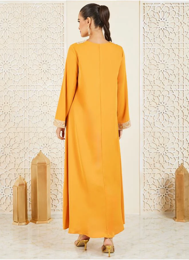 Styli Embroidered Lace Trim Jalabiya