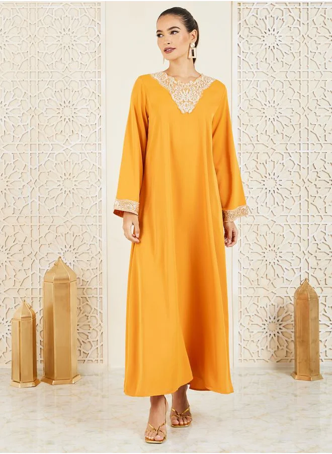Styli Embroidered Lace Trim Jalabiya