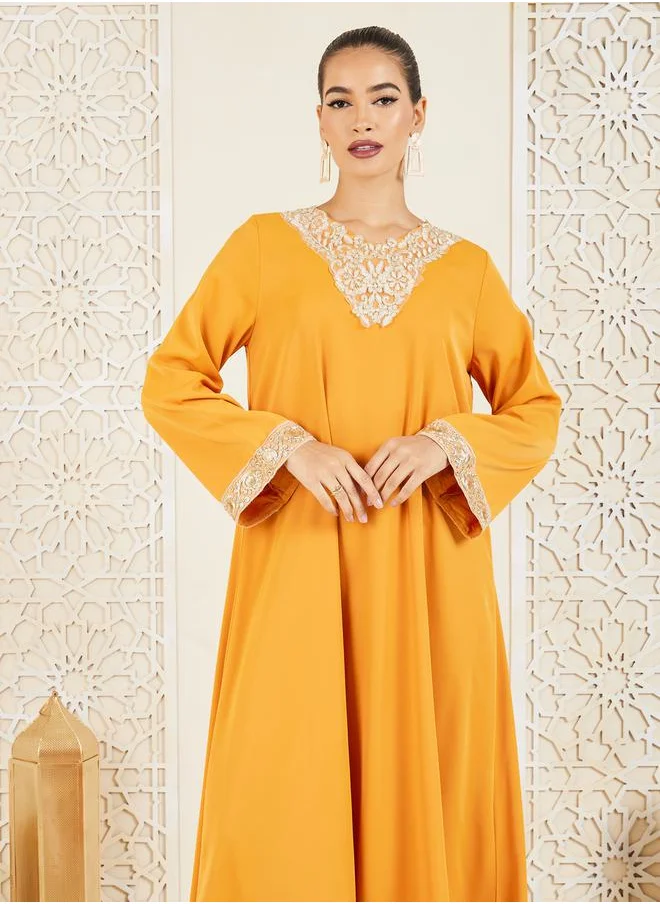 Styli Embroidered Lace Trim Jalabiya