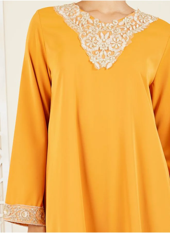 Styli Embroidered Lace Trim Jalabiya