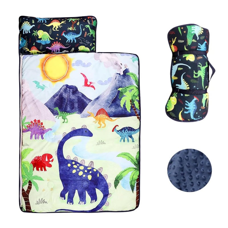 DAYEEBALL Nap Mat for Toddler Boys Kids Sleeping Bag with Removable Pillows and Thicken Blanket Baby Slumber Bags for Preschool Kindergarten Sleepovers Travel and Camping Dinosaur 23x55inches 