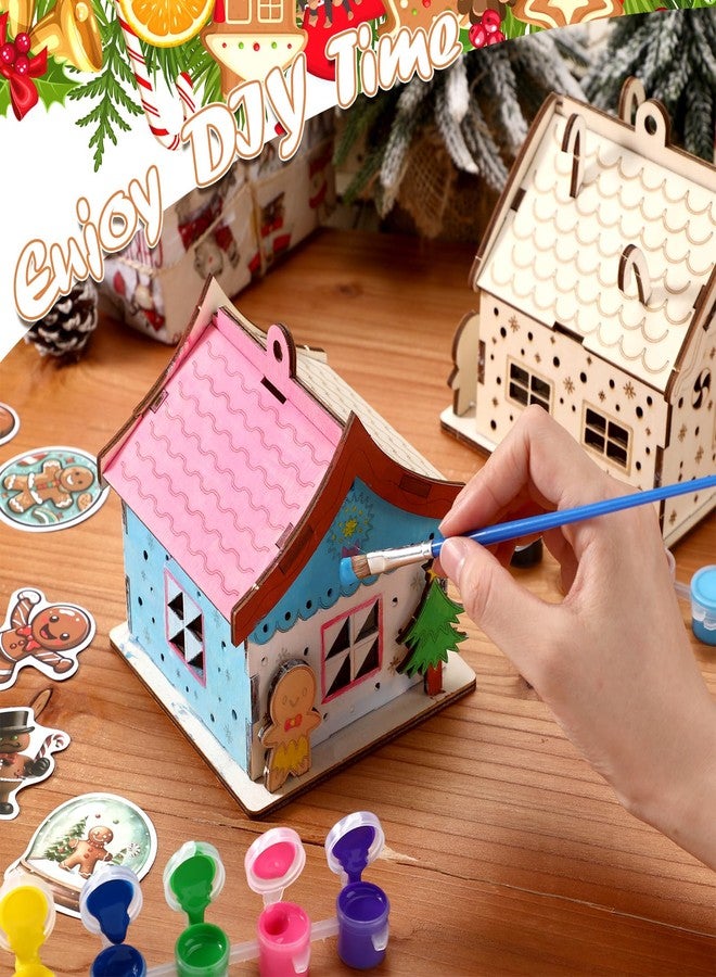 Fullhawl 6 Sets DIY Wooden Christmas Gingerbread House Kit to Build with Paint Paintbrushes and Gingerbread Man Stickers 3D Christmas Tree Ornaments for Fun Craft Activity Creative DIY Art Project - Image 3