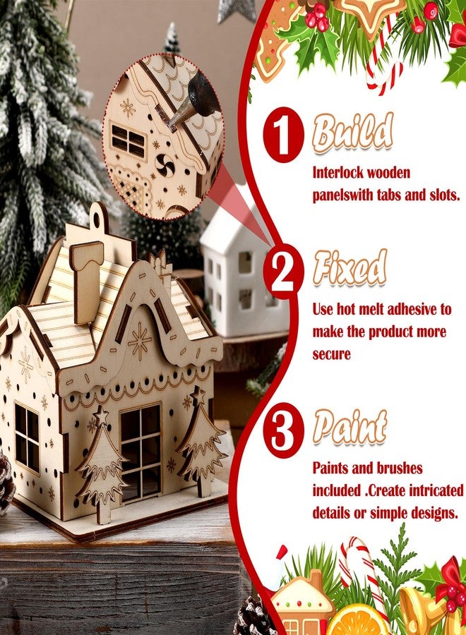 Fullhawl 6 Sets DIY Wooden Christmas Gingerbread House Kit to Build with Paint Paintbrushes and Gingerbread Man Stickers 3D Christmas Tree Ornaments for Fun Craft Activity Creative DIY Art Project - Image 4