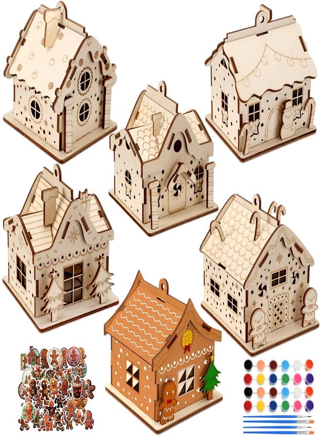 Fullhawl 6 Sets DIY Wooden Christmas Gingerbread House Kit to Build with Paint Paintbrushes and Gingerbread Man Stickers 3D Christmas Tree Ornaments for Fun Craft Activity Creative DIY Art Project - Image 1