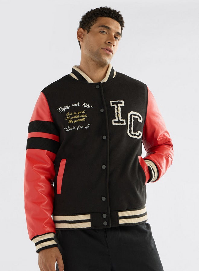 Splash FAV Slogan Detail Button Through Bomber Jacket with Pockets and Long Sleeves - Image 1