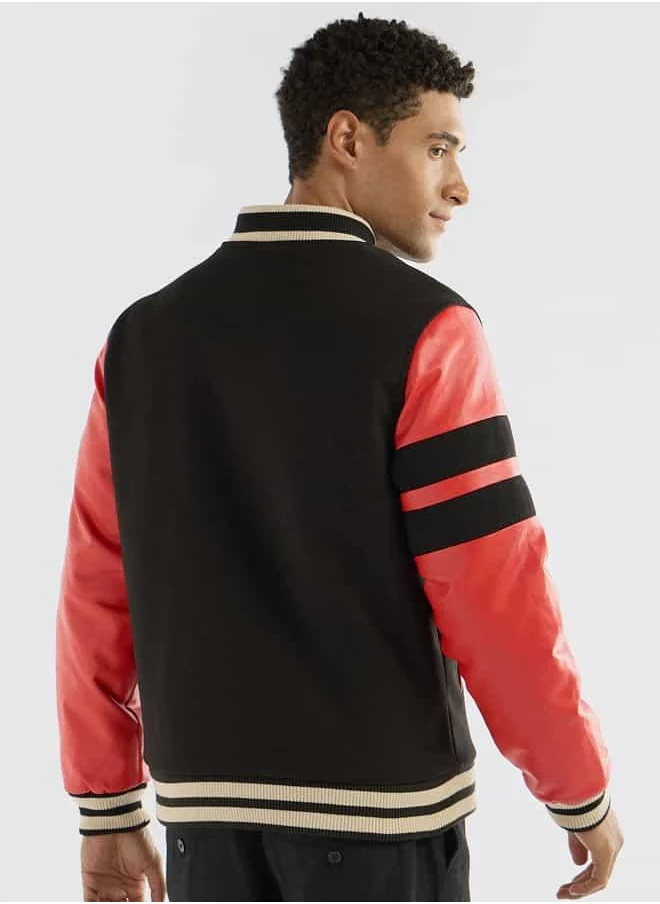 FAV Slogan Detail Button Through Bomber Jacket with Pockets and Long Sleeves