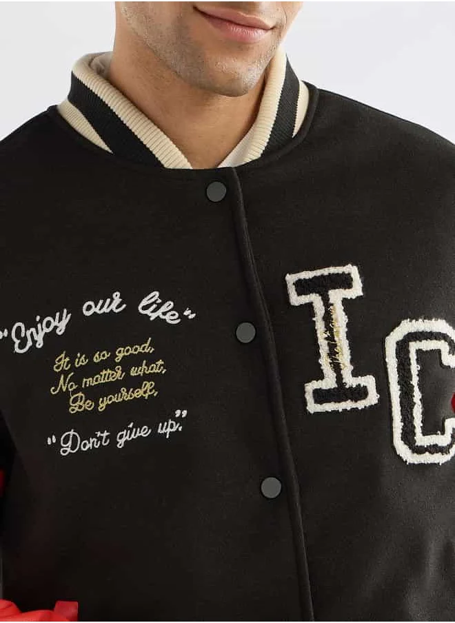 FAV Slogan Detail Button Through Bomber Jacket with Pockets and Long Sleeves