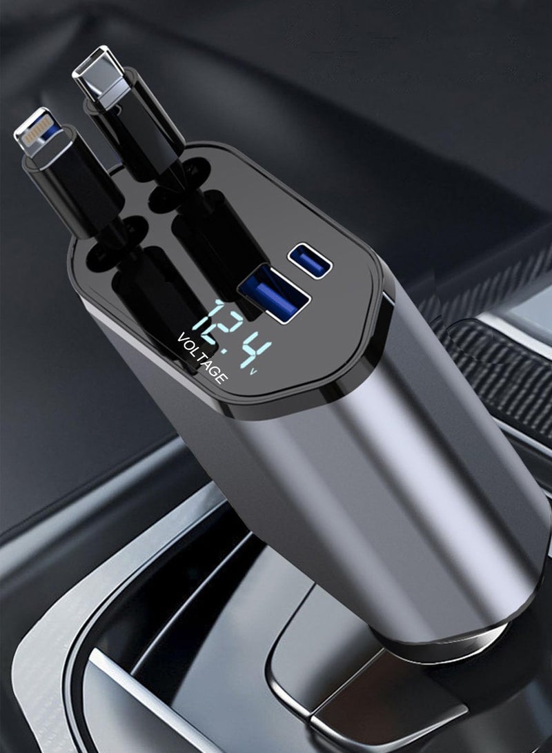120W Retractable Car Charger, 4-in-1 Fast Car Phone Charger Featuring a 2.6ft Retractable Cord, with Lightning and USB-C Cable Car Charger Adapters, Compatible All Other Phone Models - Image 2