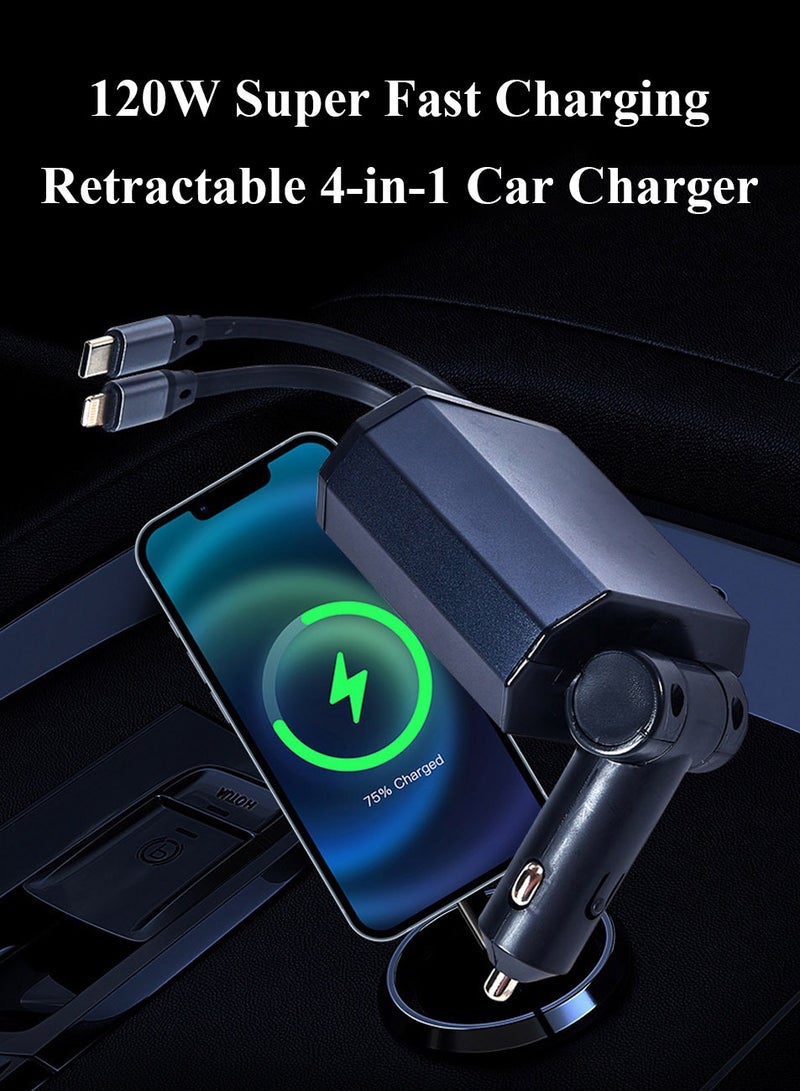 120W Retractable Car Charger, 4-in-1 Fast Car Phone Charger Featuring a 2.6ft Retractable Cord, with Lightning and USB-C Cable Car Charger Adapters, Compatible All Other Phone Models - Image 3