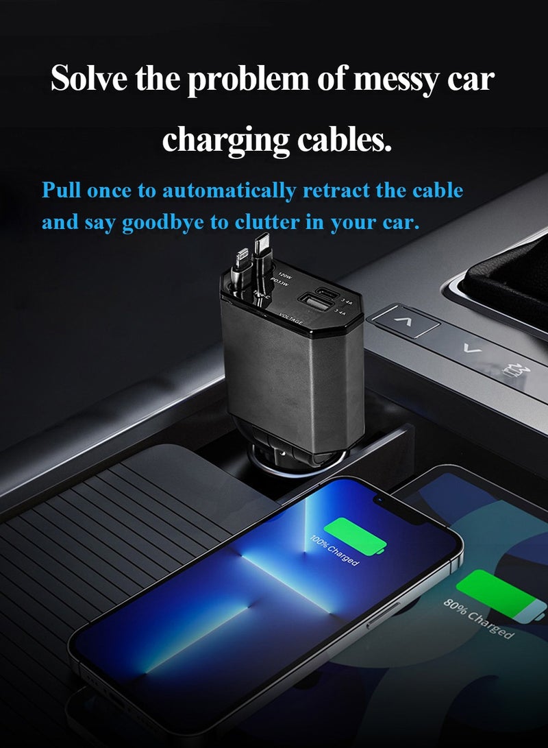120W Retractable Car Charger, 4-in-1 Fast Car Phone Charger Featuring a 2.6ft Retractable Cord, with Lightning and USB-C Cable Car Charger Adapters, Compatible All Other Phone Models - Image 4