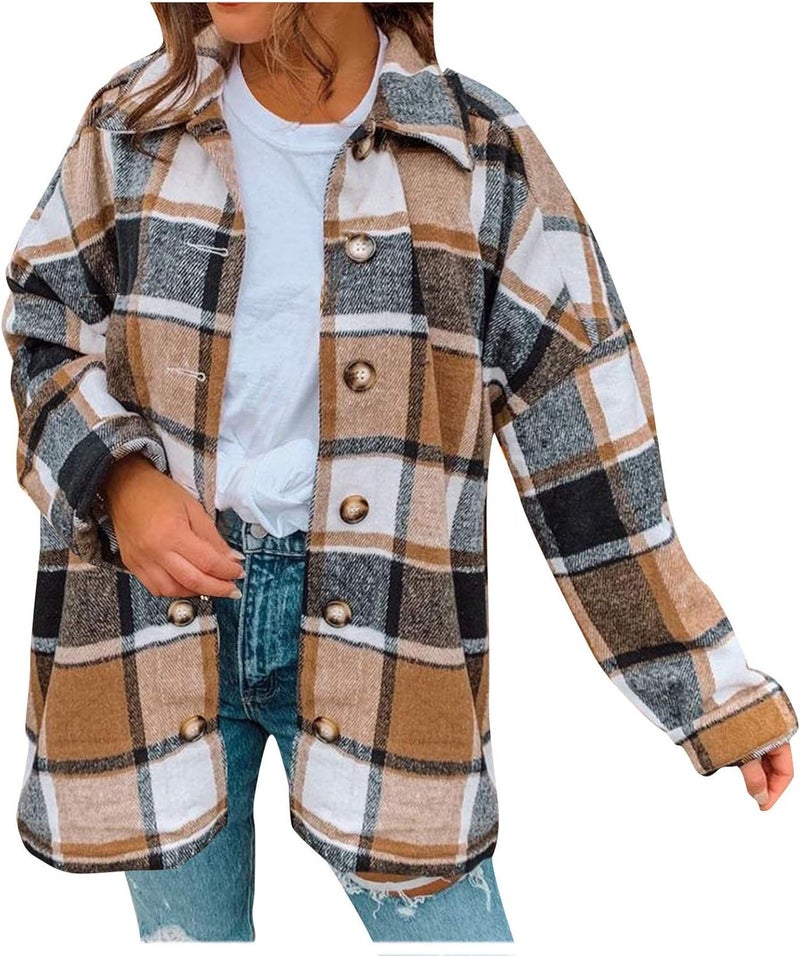 woobles Womens Plaid Shacket Casual Flannel Shirt Long Sleeve Corduroy Coat Button Down Fall Jacket Shacket 2022 Fashion Clothes Medium 002-brown - Image 1