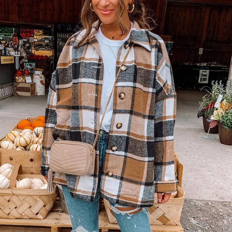 woobles Womens Plaid Shacket Casual Flannel Shirt Long Sleeve Corduroy Coat Button Down Fall Jacket Shacket 2022 Fashion Clothes Medium 002-brown - Image 3