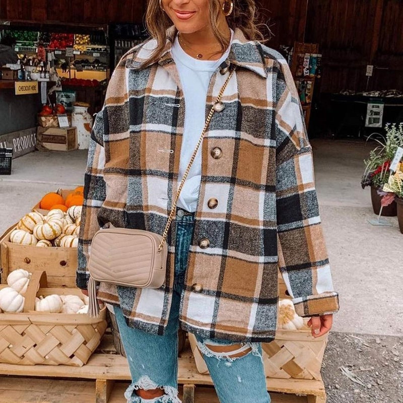 woobles Womens Plaid Shacket Casual Flannel Shirt Long Sleeve Corduroy Coat Button Down Fall Jacket Shacket 2022 Fashion Clothes Medium 002-brown - Image 2