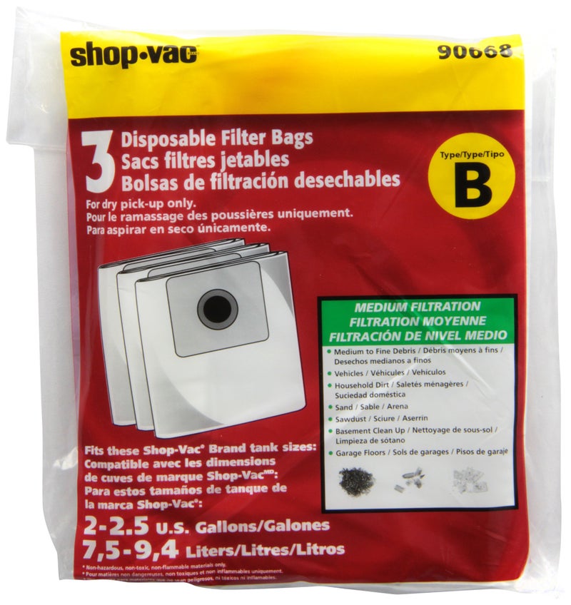 SHOPVAC Shop-Vac 9066833 Disposable Filter Bags, Fits 2-2.5 Gallon Tanks, White Paper Material, Designed for Dry Debris Collection, (3-Pack) - Image 2
