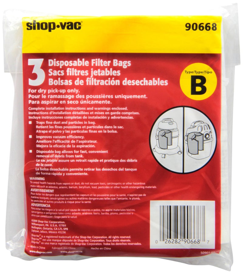 SHOPVAC Shop-Vac 9066833 Disposable Filter Bags, Fits 2-2.5 Gallon Tanks, White Paper Material, Designed for Dry Debris Collection, (3-Pack) - Image 3
