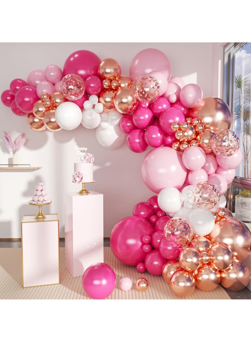 وارتفع الأحمر الوردي الشمبانيا بالون القوس اكليلا من الزهور مجموعة ، 146 الوردي الساخن متعدد الألوان قصاصات الورق والورد الذهبي العطاء بالون الأبيض ، وتستخدم في يوم التخرج الطرف دش الطفل عرس الديكور - Image 1