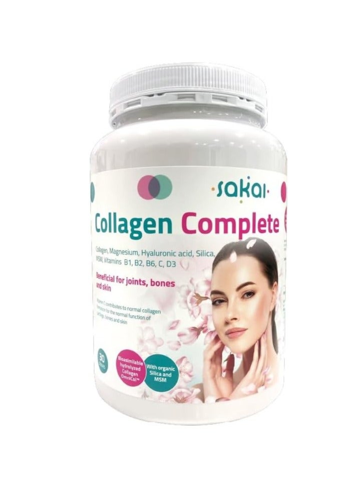ساكاي مسحوق الكولاجين الكامل مع المغنيسيوم وحمض الهيالورونيك والسيليكا وفيتامين ب1 و ب2 و ب6 و ج و د3 للعظام والمفاصل والبشرة 332 جرام