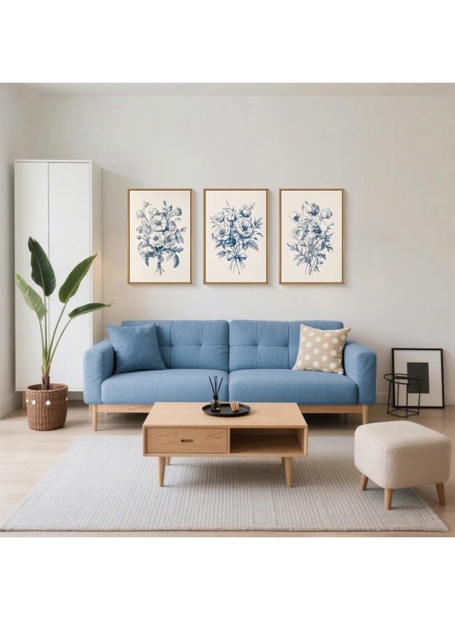 KAIRNE Vintage Blue Floral Sketch Wall Art Set of 3, Classic Chinoiserie Flower Framed Canvas Prints, Navy Wildflower Watercolor Bouquet Decor for Living Room Bedroom, Office - 16"×24" - Image 3