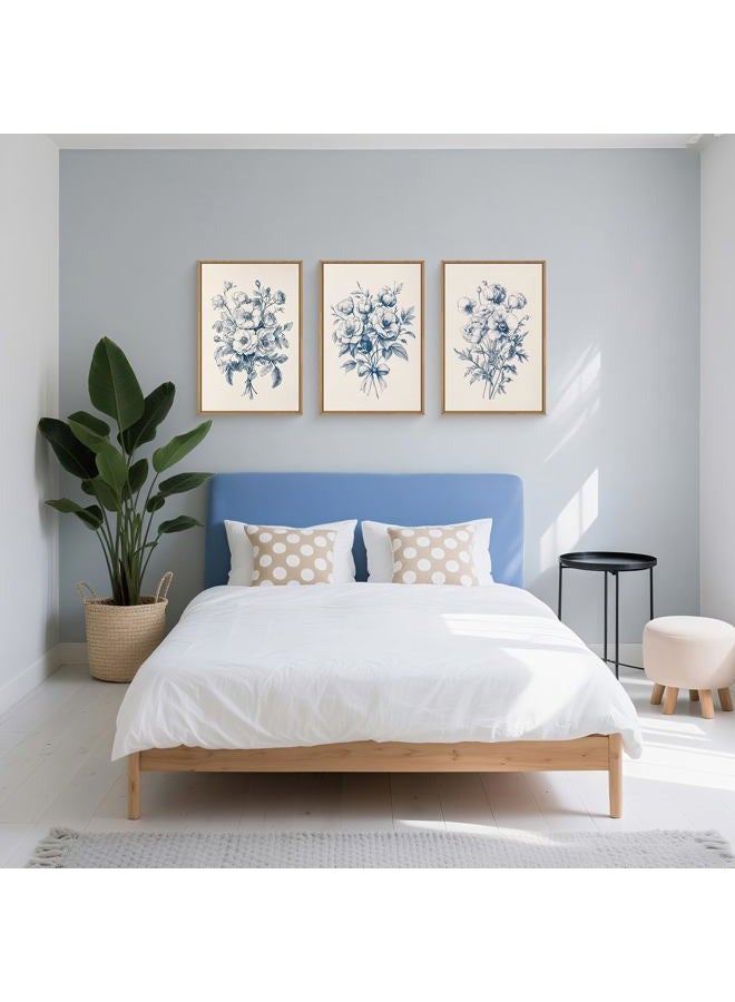KAIRNE Vintage Blue Floral Sketch Wall Art Set of 3, Classic Chinoiserie Flower Framed Canvas Prints, Navy Wildflower Watercolor Bouquet Decor for Living Room Bedroom, Office - 16"×24" - Image 4