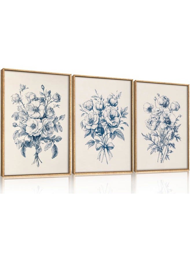 KAIRNE Vintage Blue Floral Sketch Wall Art Set of 3, Classic Chinoiserie Flower Framed Canvas Prints, Navy Wildflower Watercolor Bouquet Decor for Living Room Bedroom, Office - 16"×24" - Image 1