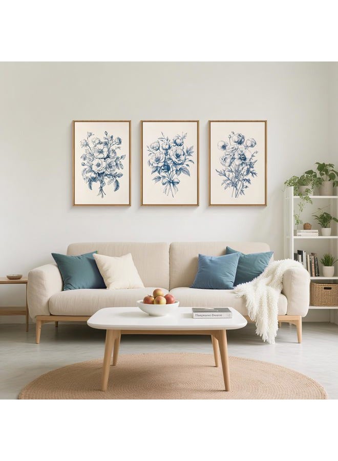 KAIRNE Vintage Blue Floral Sketch Wall Art Set of 3, Classic Chinoiserie Flower Framed Canvas Prints, Navy Wildflower Watercolor Bouquet Decor for Living Room Bedroom, Office - 16"×24" - Image 2