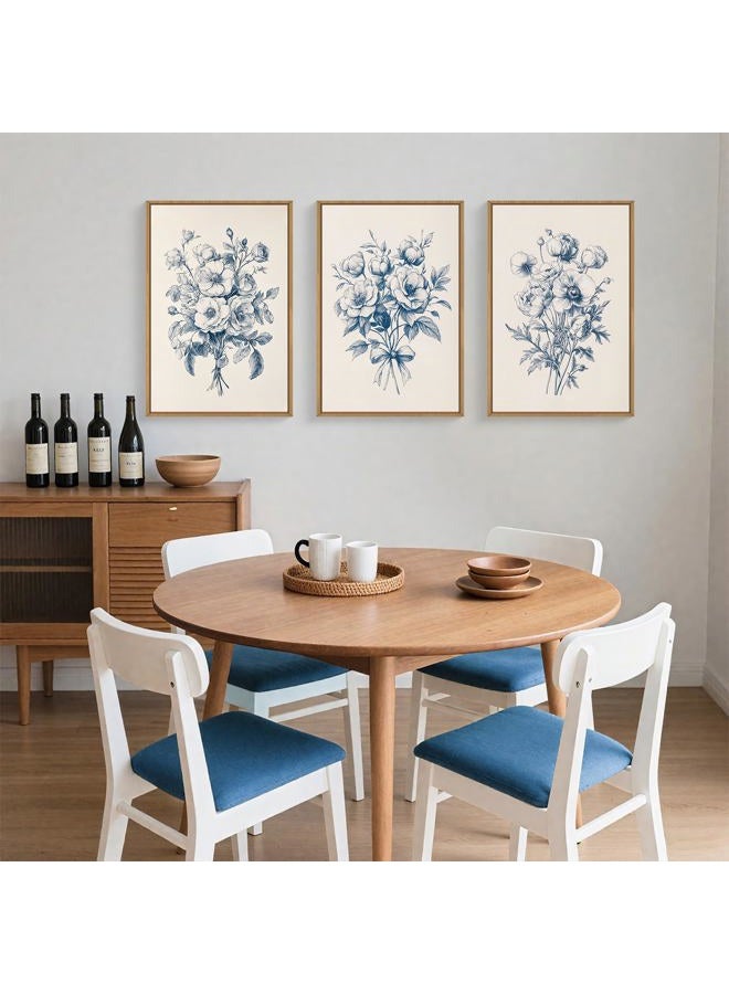 KAIRNE Vintage Blue Floral Sketch Wall Art Set of 3, Classic Chinoiserie Flower Framed Canvas Prints, Navy Wildflower Watercolor Bouquet Decor for Living Room Bedroom, Office - 16"×24" - Image 5