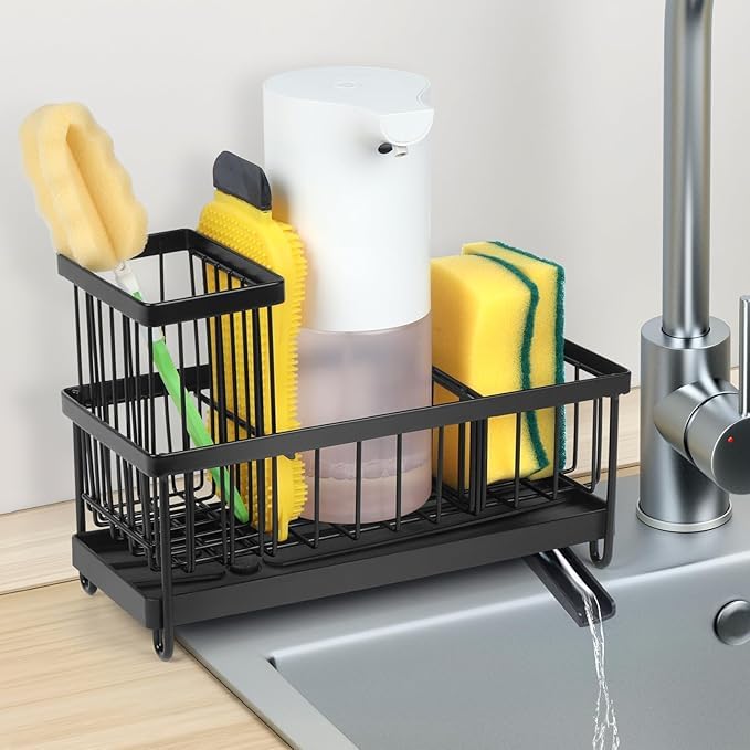 TASMAX Kitchen Dish Wash Holder - Sink Soap Stand With Rack, Brush & Sponge Holder, Drain Tray - Image 1