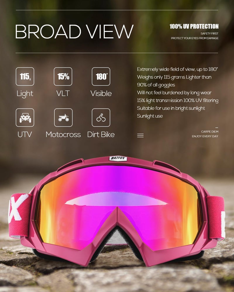 BATFOX Dirt Bike ATV Goggles Motorcycle Gear Riding Motocross Dirtbike 4-Wheeler MX DH Accessories Goggles Glasses for Men Women Youth UV400 Protection Dust-proof Anti-Slip Strap - Image 5