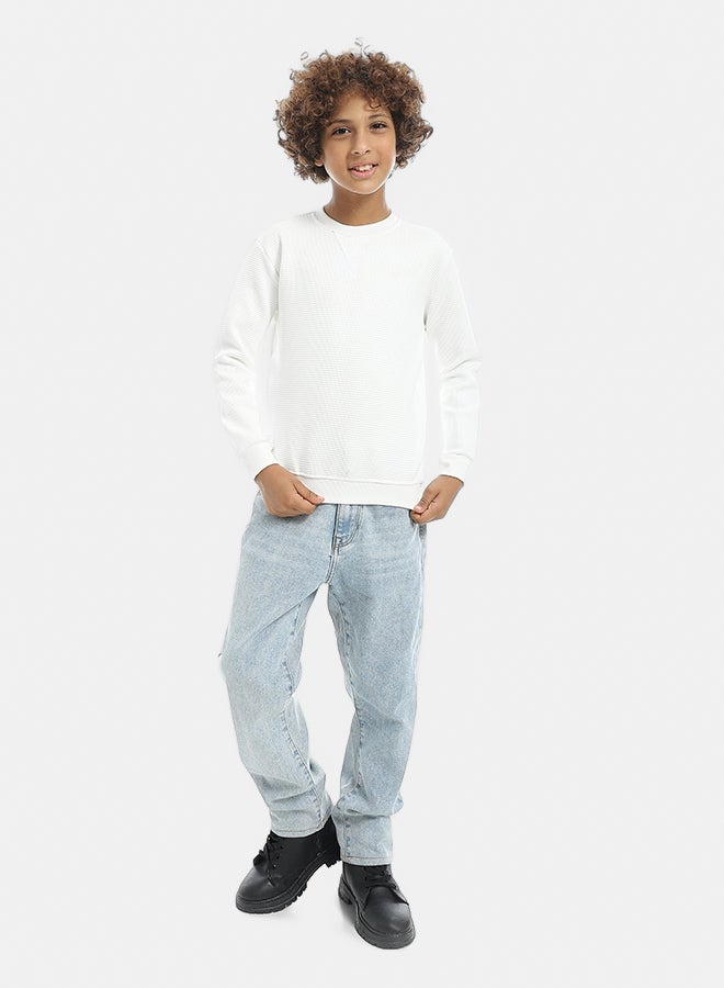 Andora Round Collar Fleeced Self Patterened Plain Pullover - White - Image 5