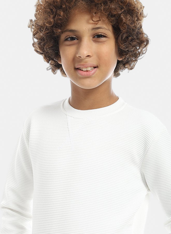 Andora Round Collar Fleeced Self Patterened Plain Pullover - White - Image 4