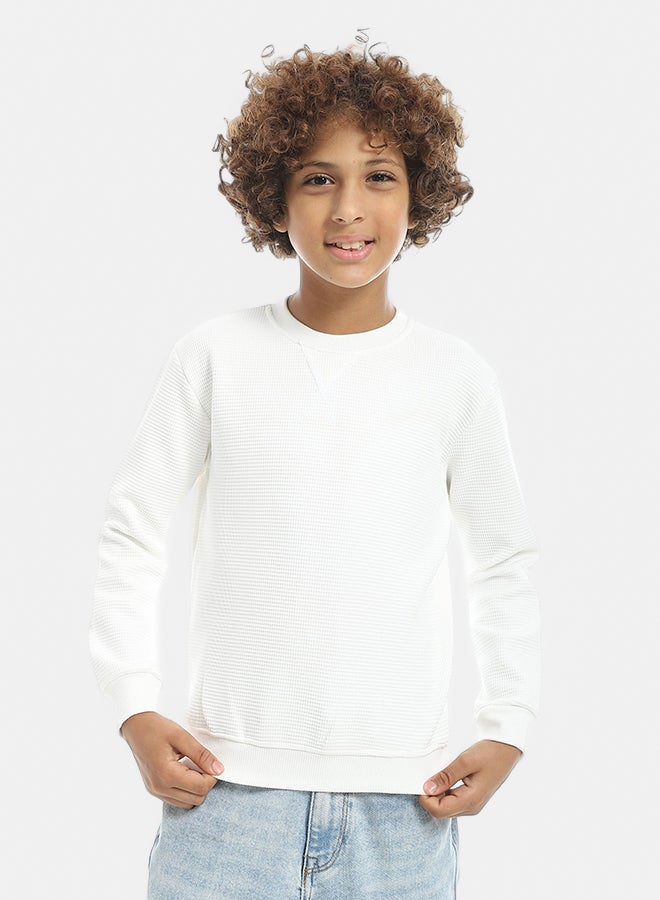 Andora Round Collar Fleeced Self Patterened Plain Pullover - White - Image 1