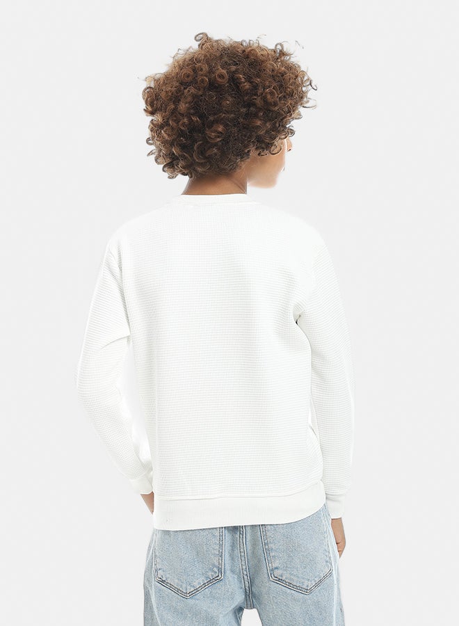 Andora Round Collar Fleeced Self Patterened Plain Pullover - White - Image 3