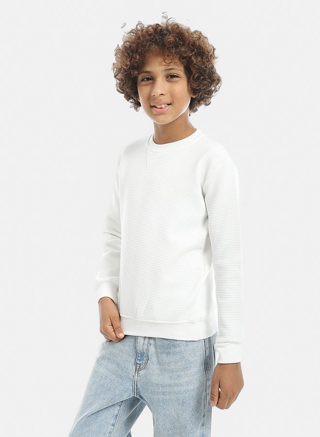 Andora Round Collar Fleeced Self Patterened Plain Pullover - White - Image 2