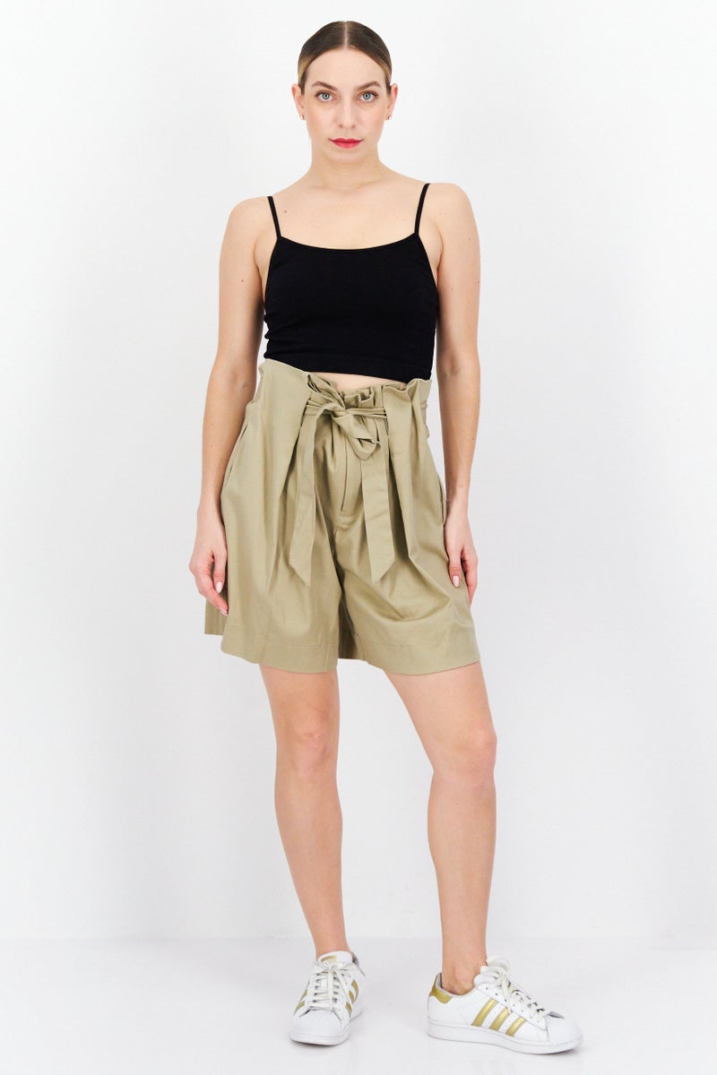 HALSTON Women Belted Solid Basic Shorts, Khaki - Image 2