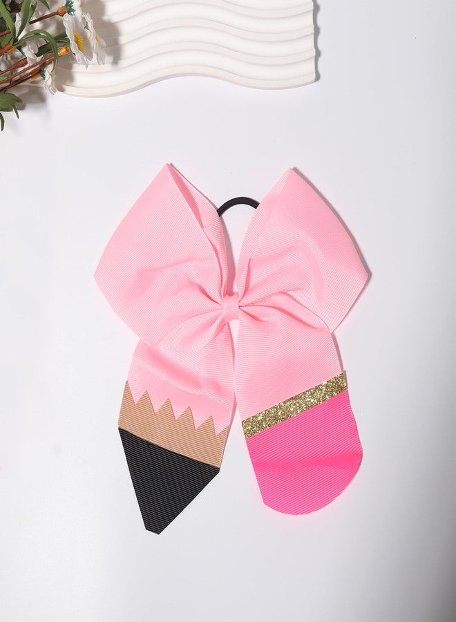 Jacnkb 2Pcs Back to School Hair Bow Ties Pink Pencil Hair Ties Big Cute Scrunchies Teen College Elastic Ponytail Holder Cheer Sports Hair Bows for First Day of School Great Holiday Gifts for Students Girls - Image 2