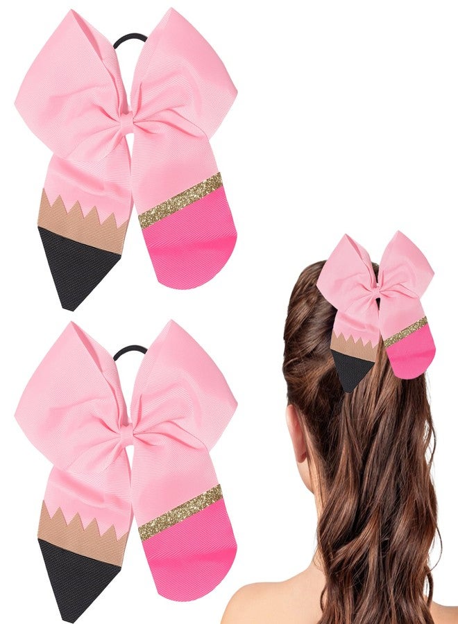 Jacnkb 2Pcs Back to School Hair Bow Ties Pink Pencil Hair Ties Big Cute Scrunchies Teen College Elastic Ponytail Holder Cheer Sports Hair Bows for First Day of School Great Holiday Gifts for Students Girls - Image 1