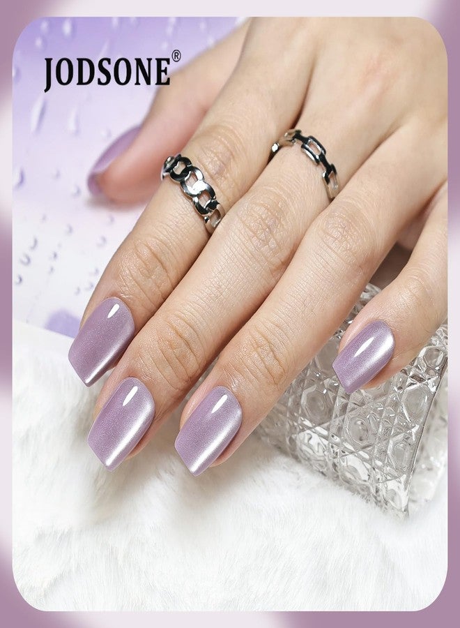 JODSONE 30PCS Lavender Purple Cat Eye Stick on Nails Set Acrylic Short Square Reusable Press on Nails Glitter Soft Gel Fake Nails for Women Shimmer Manicure Nails Kit - Image 3
