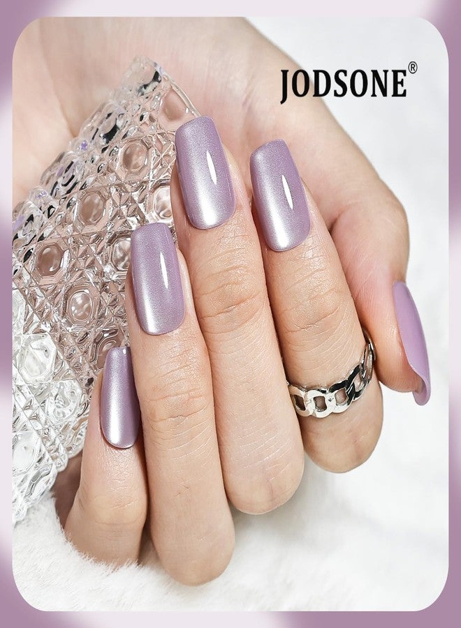 JODSONE 30PCS Lavender Purple Cat Eye Stick on Nails Set Acrylic Short Square Reusable Press on Nails Glitter Soft Gel Fake Nails for Women Shimmer Manicure Nails Kit - Image 2